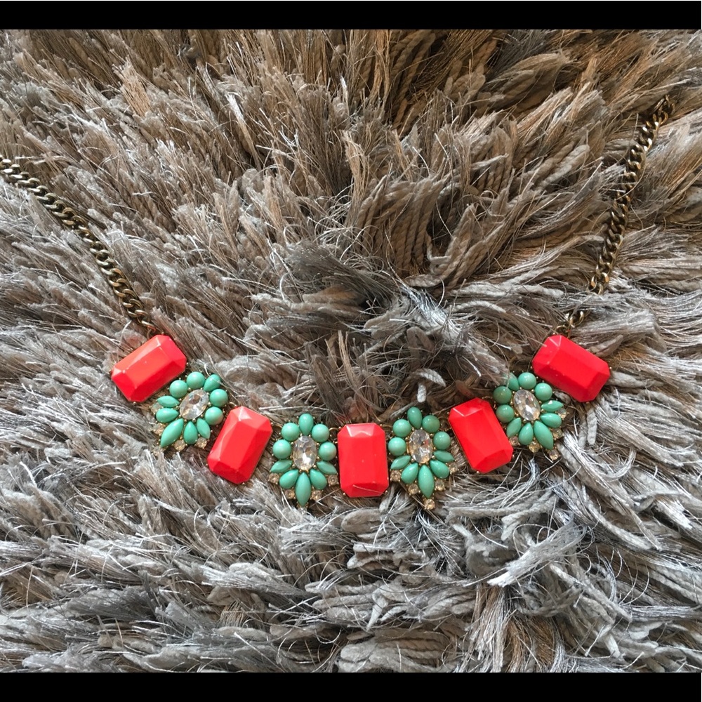 J Crew Coral/Mint Stone and Dotted Flower Necklace